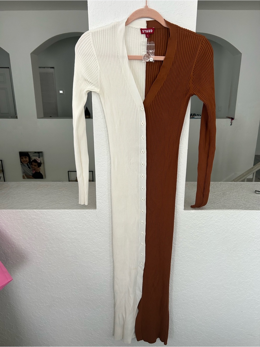 STAUD Two-Tone Ribbed Button-Front Maxi Dress in Cream & Brown